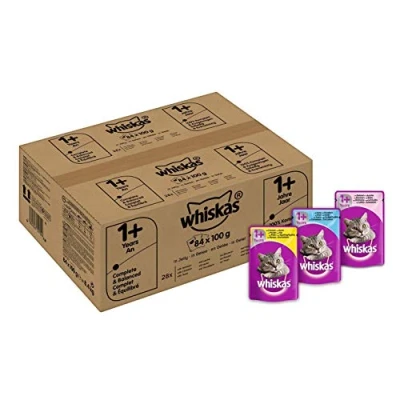 Image of whiskas 1+ Wet Cat Food for Adult Cats, Mixed Selection in Jelly, 84 Pouches (84 x 100 g)