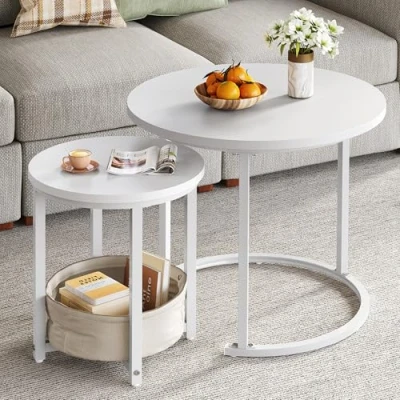 Image of YITAHOME Coffee Table for living room, Nest of Tables Set 2 with Storage, Small Round 60X60X50.5CM, Wooden Side Sturdy Metal Frame, Easy Assembly