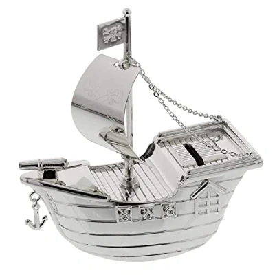 Image of [Custom] Personalised Engraved Silver plated Pirate Ship Bank Money Box Christening / Birthday Baby Gift