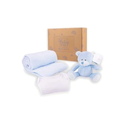 Image of Baby Box Shop 4 Newborn Essentials, Boy Gift Includes a Blue Teddy Bear, White Bodysuit and Fleece Blanket Ideal as Shower Gifts &amp; Christening for Boys
