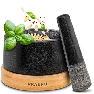 Image of Pestle and Mortar Set Large Solid Granite For Fine Grinding Results Includes Sustainable FSC® Wooden Base Easy to Clean