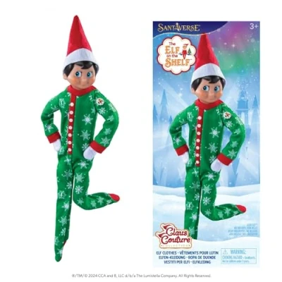 Image of Claus Couture Collection of Elf on the Shelf Clothes 2024 (Snowflake Snuggle Onesie PJs) Green