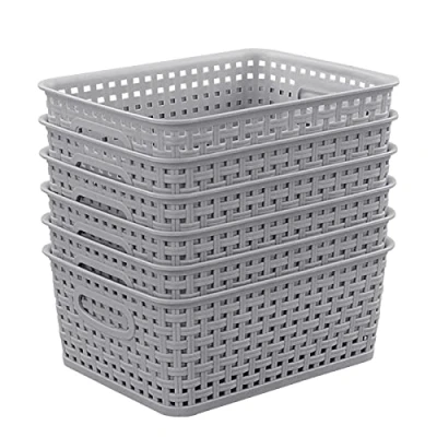 Image of Easymanie Plastic Weave Storage Basket Box, Silver Grey, Pack of 6