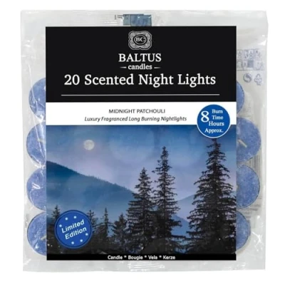 Image of Baltus 20 Pack of Tealights Night Lights 8hr Burn Midnight Patchouli Scented Home Accessory