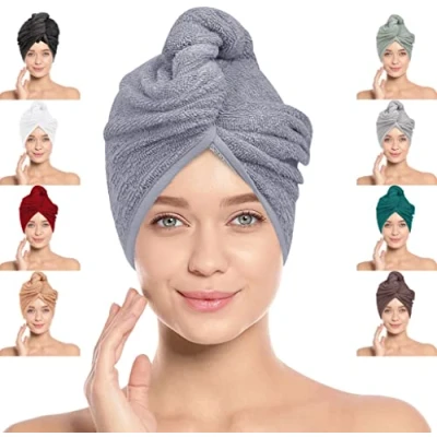 Image of LOOMKNIT Hair Towel Wrap Lightweight Turban, Instant Drying 100% Cotton Cap Super Quick Absorbent Anti Frizz Twist Toweling Dry Hat with Button and Loop for Long Curly Hairs, 61 x 24CM