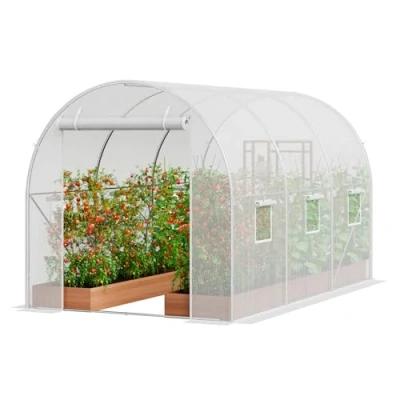 Image of VEVOR Walk in Tunnel Greenhouse, 9.6x6.4x6.2 ft Hoop House Greenhouse Tunnel, Plant Hot with Galvanized Steel Frame, White PE Cover, Roll up Zipper Door and 6 Windows for Outdoor
