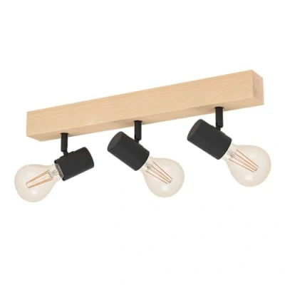 Image of Eglo Ceiling Light Fitting Townshend 3, Vintage lamp, Spotlight bar with 3 orientable spot Lights, Retro Fixture Made of Steel and Wood, Black, Brown, E27 Socket, FSC Certified