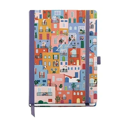 Image of Miquelrius Annual Diary 2024, Day Page, Journal Size 122 x 168 mm, Hard Cover, Stitched Binding, Elastic Closure, Catalan, English and Portuguese, Village with Silver Stamping
