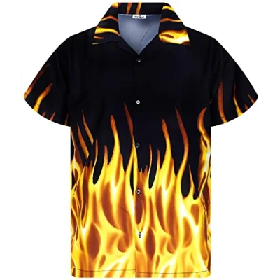 Image of King Kameha Funky Hawaiian Shirt, Men, Shortsleeve, Flames, Yellow, 6XL