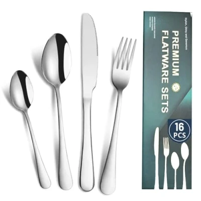Image of Cutlery Set for 4, Sulypo 16 Piece Knife and Fork Sets, Stainless Steel Flatware Set, Dishwasher Safe, Mirror Polished,Service 4 People