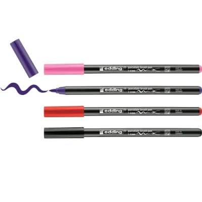 Image of edding 4200 porcelain brush pen black, red, violet, pink 4 pens nib 1 mm felt for painting and decorating ceramics, dishwasher safe, lightfast ink, quick drying