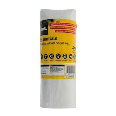 Image of Coral 72204 Essentials 100 Sqm (2M X 50M) Polythene Dust Sheet Roll Drop Cover Spill Splash Protection for Painting