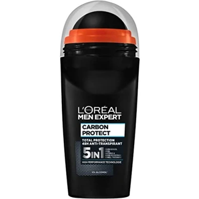 Image of L&#039;Oréal Men Expert Deodorant for Men, 5 in 1 Roll On Against Odours, Moisture, Bacteria and White Residues up to 48 Hours Freshness, Carbon Protect x 50 ml