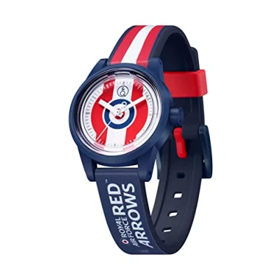 Image of Citizen Q&amp;Q Red Arrows solar powered 32mm watch, charges with sunlight or any other fluorescent light source, water resistant to 100m, 2 year warranty, for boys and girls R03A 505VY