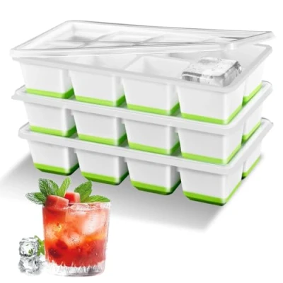 Image of Alinana 3 Pack Silicone Ice Cube Trays with Lid, Stackable Large Tray, BPA Free Mould, Easy Release Tray for Cocktails, Whiskey, Juice (Green)
