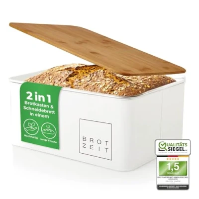 Image of Lumaland Cuisine Bread Bin with Bamboo Lid 30.5 x 23.5 14 cm Metal Box Container Rectangular Eco Cutting Board Stays Longer Fresh White