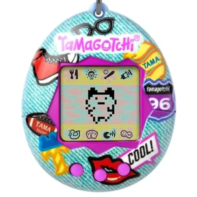 Image of BandAI Tamagotchi Original Denim Patches Shell Cyber Pet 90s Adults and Kids Toy with Chain Retro Virtual Pets are Great Boys Girls Toys or Gifts for Ages 8+