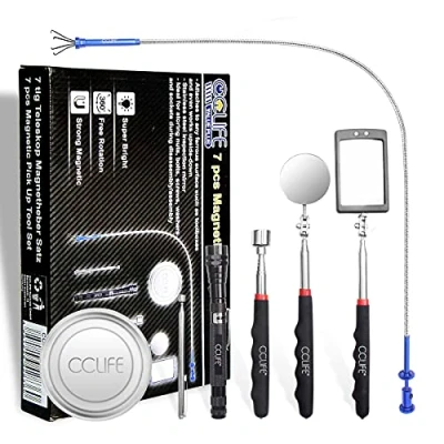 Image of CCLIFE 7 pcs Telescopic Magnetic Pickup Tool with Long Reach Claw Inspection Mirror LED Light Pick up Grabber