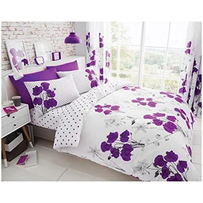 Image of GC GAVENO CAVAILIA Reversible Polka Dot Bedding Sets Double, Flowers Duvet Quilt Cover Breathable Comforter Covers, Aubergine