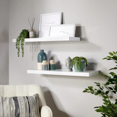 Image of Home Source Pair of 2 Floating Wall Mounted Storage Shelf Wooden DVD Book Shelves, White Gloss, 80 cm