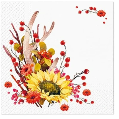 Image of 20 Napkins Autumn Sunflower on Arrangement Table Decoration Paper with Motif Also for Decoupage and 33 x cm
