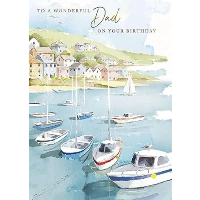 Image of Wonderful Dad Birthday Card Boats at the Harbour with Foil Finish Eco Friendly and Recyclable by Paper House