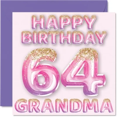 Image of 64th Birthday Card for Grandma Pink &amp; Purple Glitter Balloons Happy Cards 64 Year Old from Grandson Granddaughter, 145mm x Bday Greeting Gift