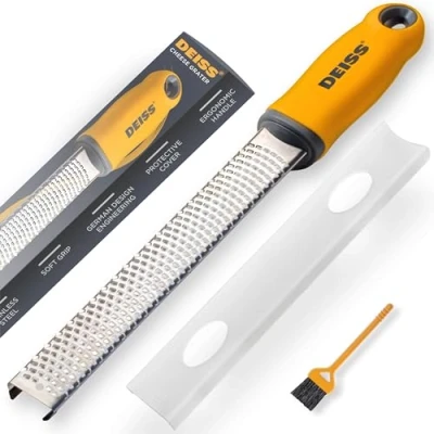 Image of Deiss PRO Lemon Zester &amp; Heavy Duty Cheese Grater Vegetable — Parmesan Cheese, Lemon, Garlic, Nutmeg, Chocolate, Fruits, Vegetables, Ginger Stainless Steel Shredder Black