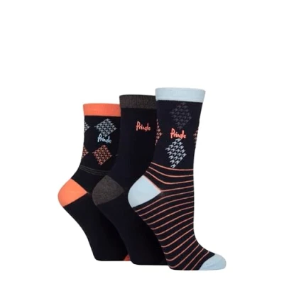 Image of Women&#039;s 3 Pair Pringle Patterned Cotton and Recycled Polyester Socks Navy Diamond / Stripe 4 8