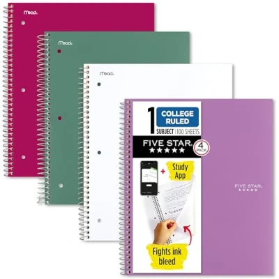 Image of Five Star Spiral Notebooks + Study App, 4 Pack, 1 Subject, College Ruled Paper, 8 1/2&quot; x 11&quot;, 100 Sheets, Purple, Pink, White, Green (820337 ECM)