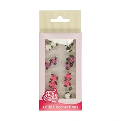 Image of FunCakes Sugar Decorations Roses with Leafs: Ready to Use for Cake Decoration, Perfect Cupcakes, Muffins and more, Glutenfree certified, Set/16,Mix,6