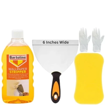Image of Wallpaper Remover Kit Bundle with 500ml Bartoline Stripper, 6 Inch Wide Scraper, Large Sponge, and Gloves for Fast Efficient Removal