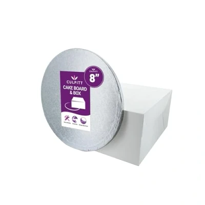 Image of Culpitt 8&quot; Round Silver Cake Drum Board &amp; White Box Combo, 8 Inch Square and Matching Circle Set For Transport