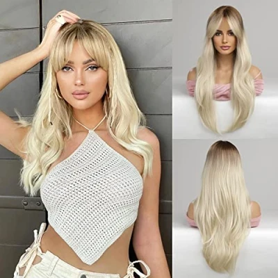 Image of Honygebia Light Blonde Wig with Fringe Ombre Platinum Wigs for Women, Long Straight Wavy Synthetic Heat Resistant Hair, Best Halloween/Fancy Dress/Cosplay/Party