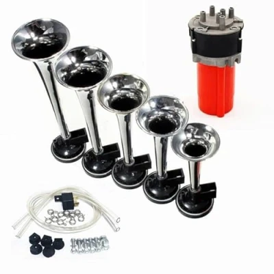 Image of YIYIDA five tube music horn car multi frequency sound red air pump personality12V150DB truck with compressor Jazz Dixland is suitable for any vehicle, motorcycle train etc