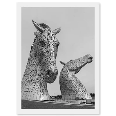 Image of Wee Blue Coo Fines Kelpies Horse Sculptures Falkirk Scotland Artwork Framed Wall Art Print A4
