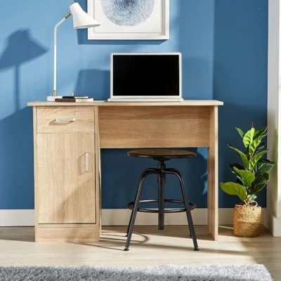 Image of Home Source Office Desk, 1 Drawer &amp; Door Compact Computer Workstation, Oak Effect