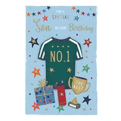 Image of ICG Special Son Birthday Card No.1 Football Shirt with Trophy and Gift Embossed Foil Details Made in the UK