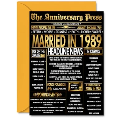 Image of Gold 36th Anniversary Card for Men Women Golden Newspaper Married in 1989 Happy 36 Year Wedding Husband Partner Wife Companion, A5 Anniversaries Greeting Cards