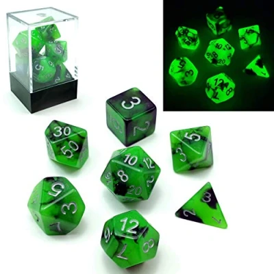 Image of Bescon Two Tone Glow in the Dark Polyhedral Dice Set SPOOKY ROCKS, Luminous RPG d4 d6 d8 d10 d12 d20 d% Brick Box Packing
