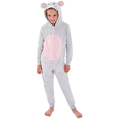 Image of Animal Crazy Boys Girls Mouse Onesie Supersoft Fleece Jumpsuit Playsuit UK Seller Grey 3/4 Years