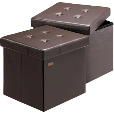 Image of CASARIA® 2x 40cm Square Foldable Stool with Storage Space Faux Leather Removable Padded Lid 40x40cm Ottoman 40 Litre Capacity Chest Shoe Accessory Store Box Set of 2 Brown