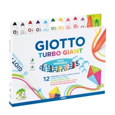 Image of GIOTTO Turbo Giant Super Washable Felt Tip Fibre Pens, Conical Nib 7.5mm, 12 Assorted Colours, Ideal for Children, Parties and Schools