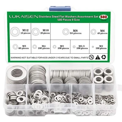 Image of 304 Stainless Steel Flat Washers Set 580 Pieces, 9 Sizes M2 M2.5 M3 M4 M5 M6 M8 M10 M12 Suitable for Home Decoration, Factories Repair, Kitchens, Shops and Outdoor Construction