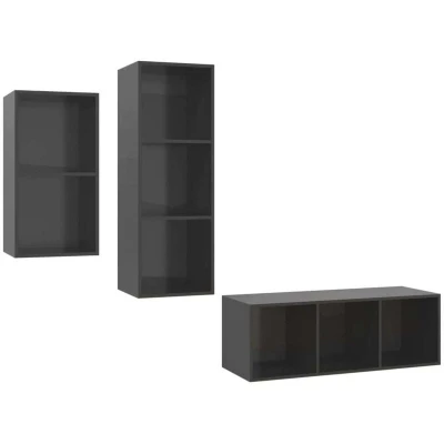 Image of vidaXL 3 Piece TV Cabinet Set High Gloss Grey Engineered Wood