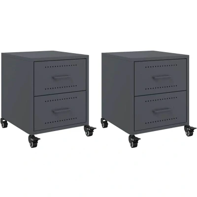 Image of vidaXL 2 Piece Bedside Cabinets/Nightstands Anthracite Cold Rolled Steel Frame, Mobile with Wheels and Handles, Bedroom Storage Solution, 36 x 39 43.5 cm