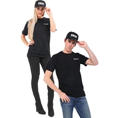 Image of WickedFun® ADULT UNISEX SWAT TEAM T SHIRT &amp; CAP SET KIT FANCY DRESS COSTUME POLICE FBI TACTICAL MILITARY (XXL)