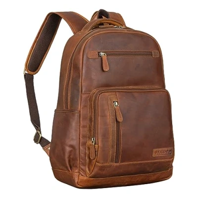 Image of STILORD &#039;Hubertus&#039; Leather Backpack Women and Men Vintage Laptop 15,6 inch School Daypacks Teacher Bag, Colour:Cognac Brown