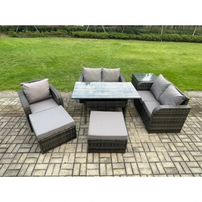 Image of Lounge Rattan Sofa Set Outdoor Garden Furniture Oblong Rectangular Dining Table With Chairs 2 Big Footstool Side 7 Seater Dark Grey Mixed
