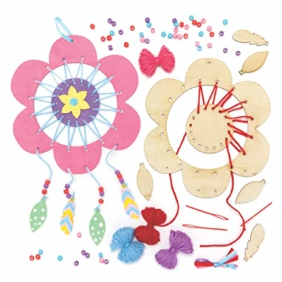 Image of Baker Ross Flower Wooden Dreamcatchers Pack of 4, Craft Kits for Kids (AX866)
